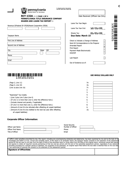 Form Rct-132a - Pennsylvania Title Insurance Company Shares And Loans Tax Report Printable pdf