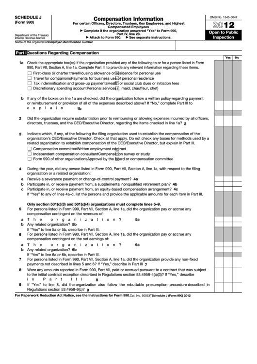 Fillable Schedule J (Form 990) - Compensation Information - 2012 Printable pdf