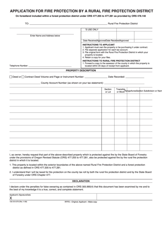 Fillable Form 150-310-079 - Application For Protection By Rural Fire Protection District Printable pdf