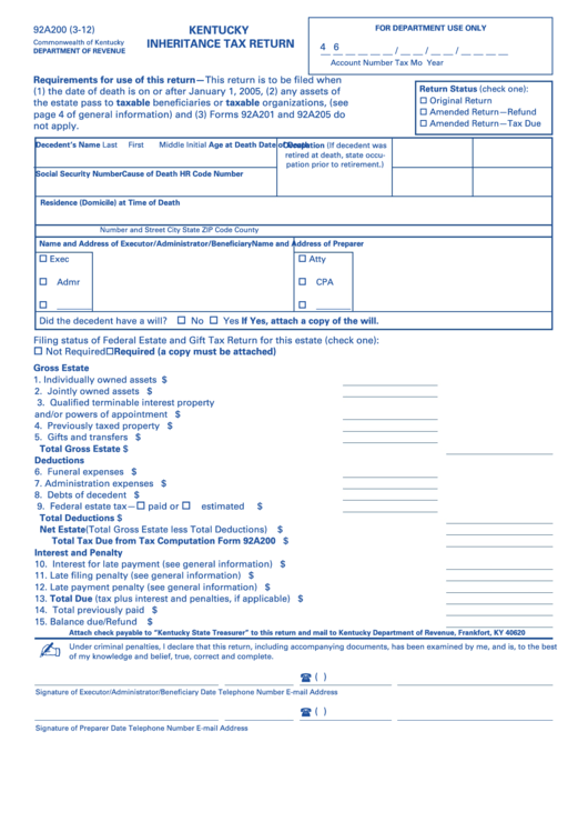 Form 92a200 Kentucky Inheritance Tax Return Printable Pdf Download