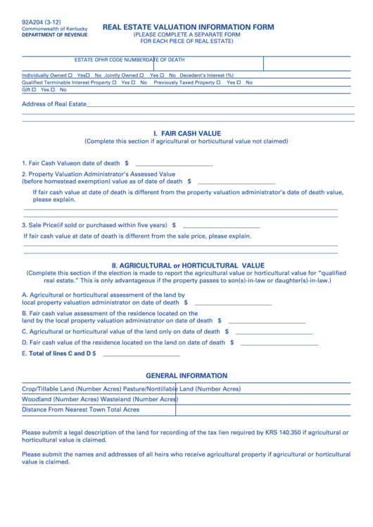 Form 92a204 - Real Estate Valuation Information Form Printable pdf