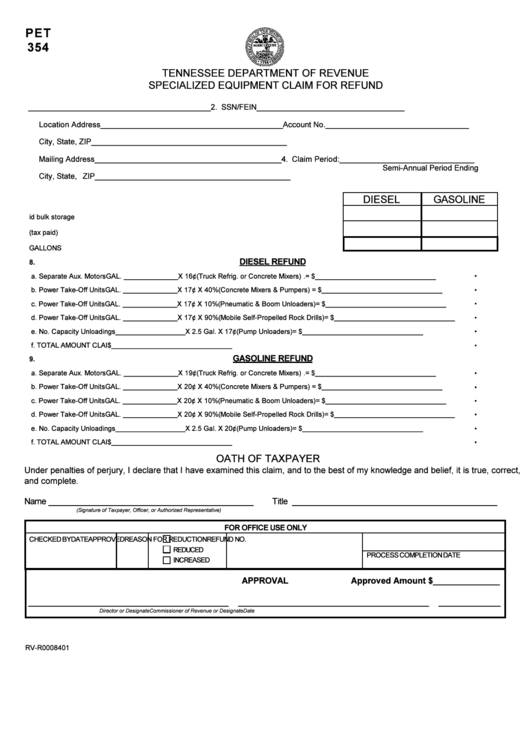 Fillable Form Pet 354 - Specialized Equipment Claim For Refund Printable pdf