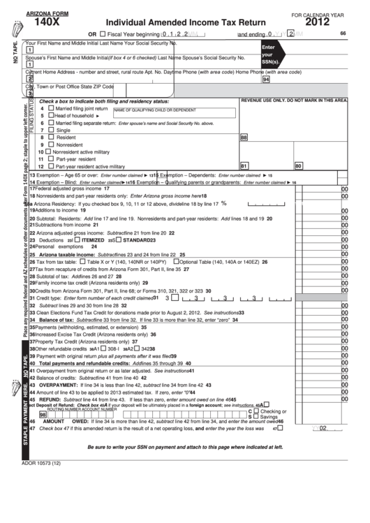 Fillable Arizona Form 140x - Individual Amended Income Tax Return - 2012 Printable pdf