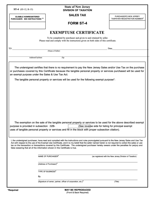 Fillable Form St-4 - Exempt Use Certificate Printable pdf