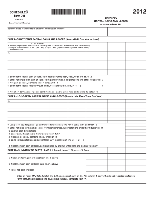 Schedule D Form 741 - Kentucky Capital Gains And Losses - 2012 Printable pdf