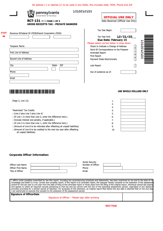 Fillable Form Rct-131 - Gross Receipts Tax-Private Bankers Printable pdf