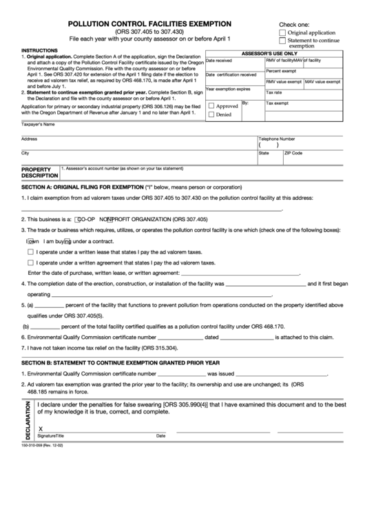 Form 150-310-059 - Pollution Control Facilities Exemption Printable pdf
