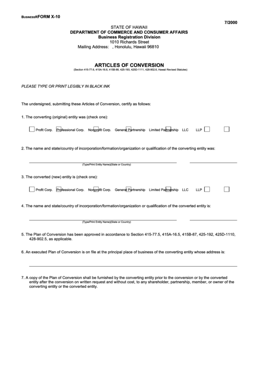 Form X-10 - Articles Of Conversion Printable pdf