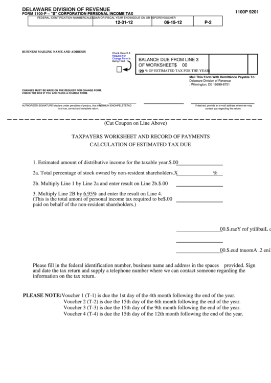 Fillable Form 1100-P - "S" Corporation Personal Income Tax Printable pdf
