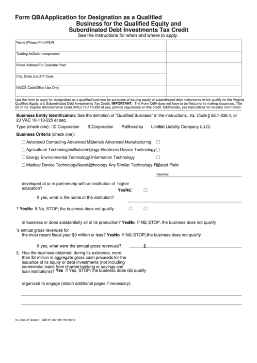Fillable Form Qba - Application For Designation As A Qualified Business For The Qualified Equity And Subordinated Debt Investments Tax Credit Printable pdf