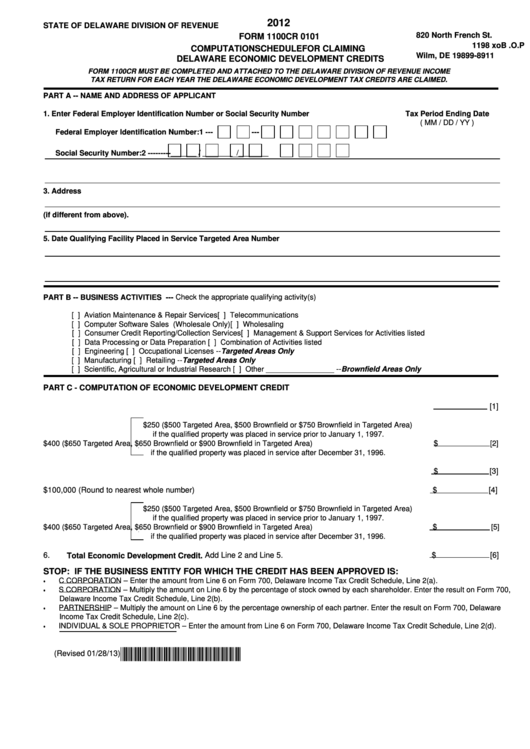 Fillable Form 1100cr 0101 - Computation Schedule For Claiming Delaware Economic Development Credits - 2012 Printable pdf