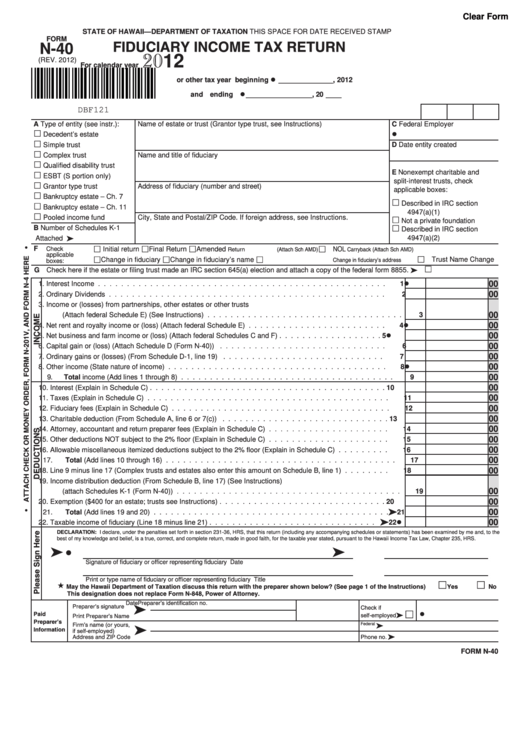 Fillable Form N-40 - Fiduciary Income Tax Return - 2012 Printable pdf