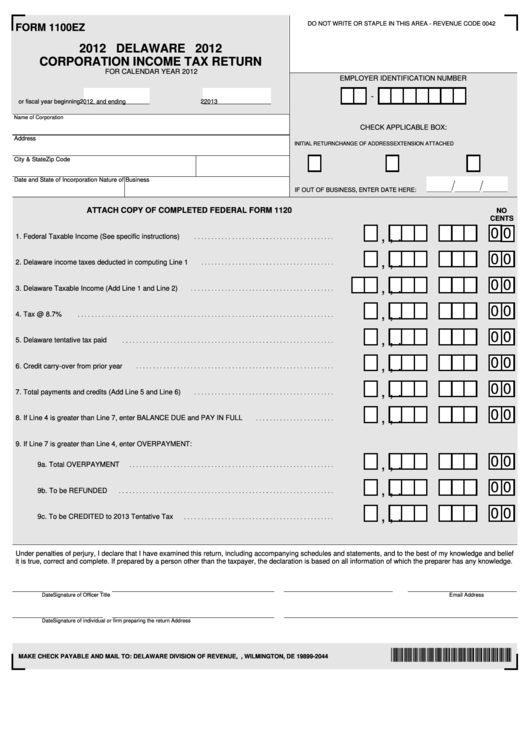Fillable Form 1100ez - Delaware 2012 Corporation Income Tax Return - 2012 Printable pdf