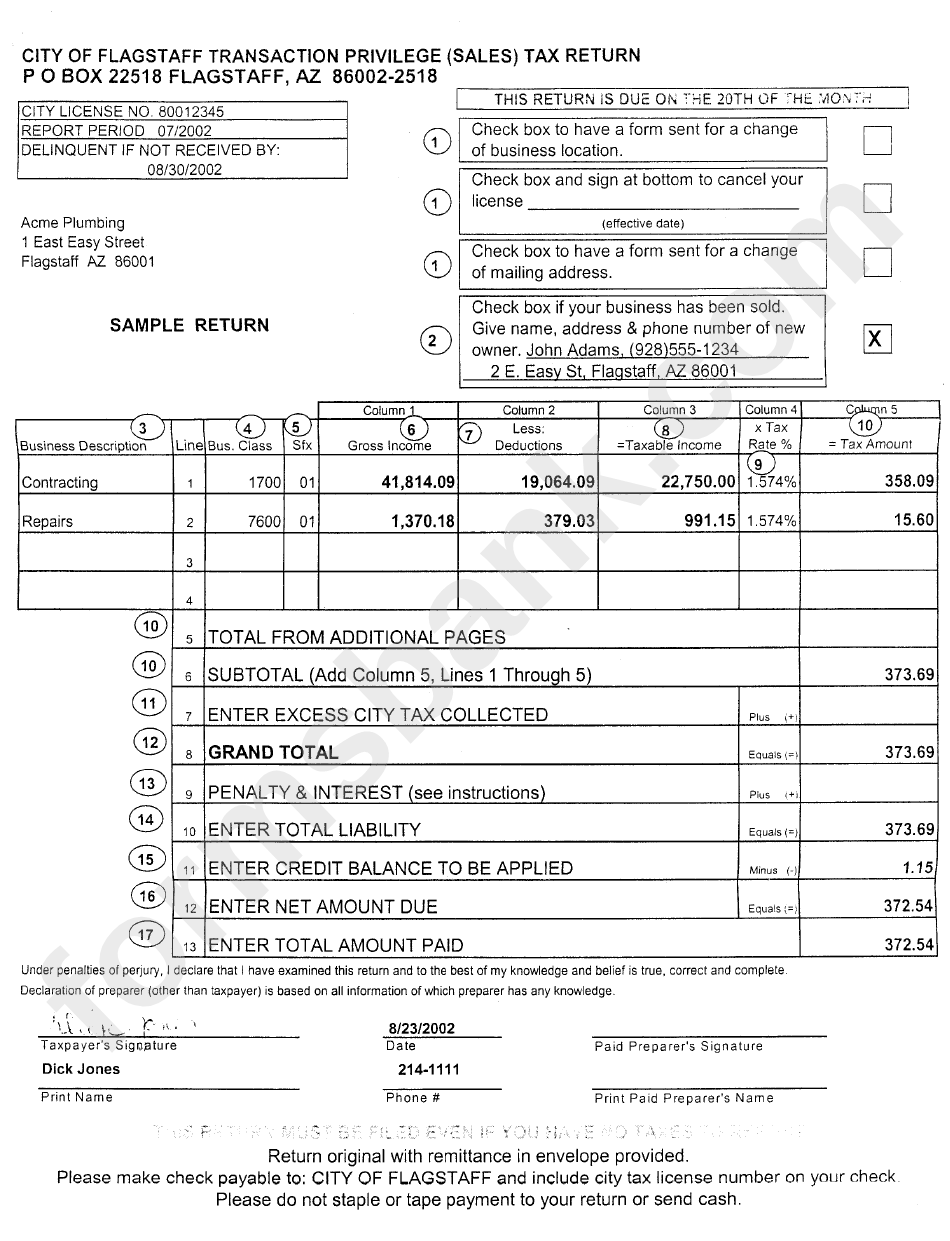 City Of Flagstaff Transaction Privilege (Sales) Tax Return