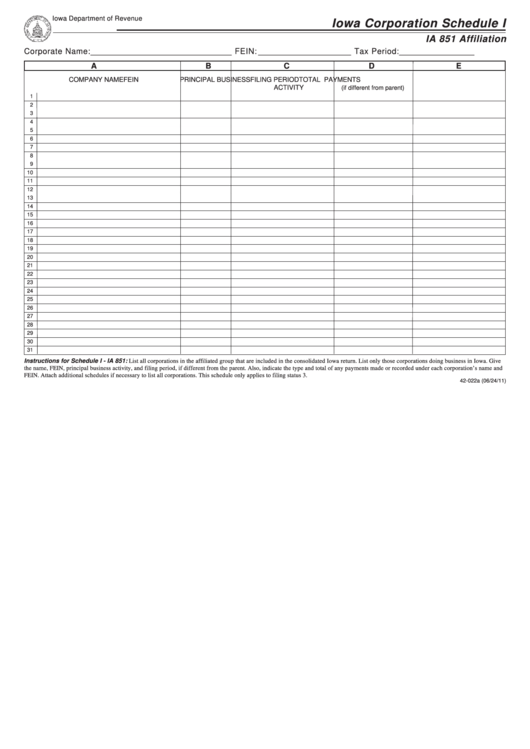 Fillable Iowa Corporation Schedule I - Ia 851 Affiliation Printable pdf