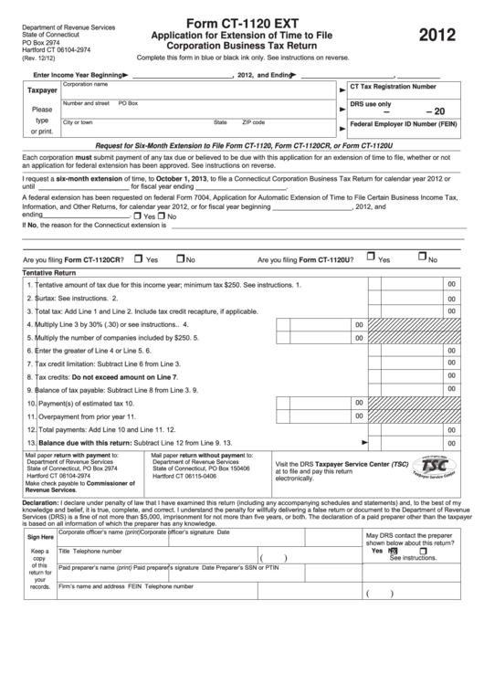 Fillable Form Ct-1120 Ext - Application For Extension Of Time To File Corporation Business Tax Return - 2012 Printable pdf
