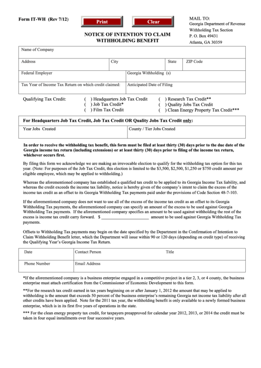Fillable Form It-Wh - Notice Of Intention To Claim Withholding Benefit Printable pdf