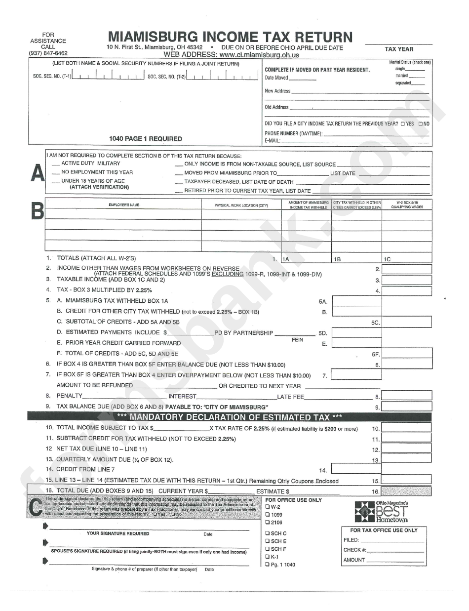 Download Form Mq-1 - Miamisburg Income Tax Return printable pdf download