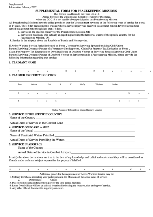 Fillable Supplemental Form For Peacekeeping Missions (Addition To The Form Dd-214) Printable pdf