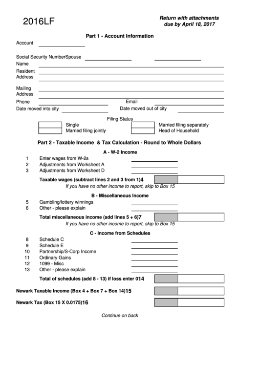 Fillable Form 2016lf - Newark Income Tax Printable pdf