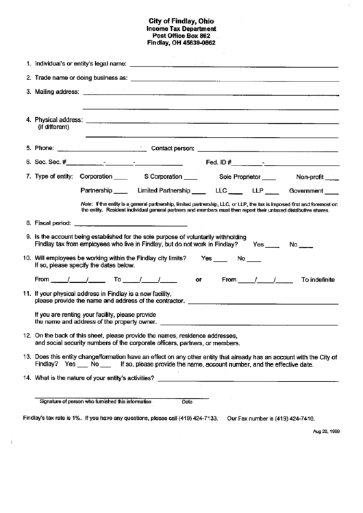 City Of Findlay Income Tax Form printable pdf download