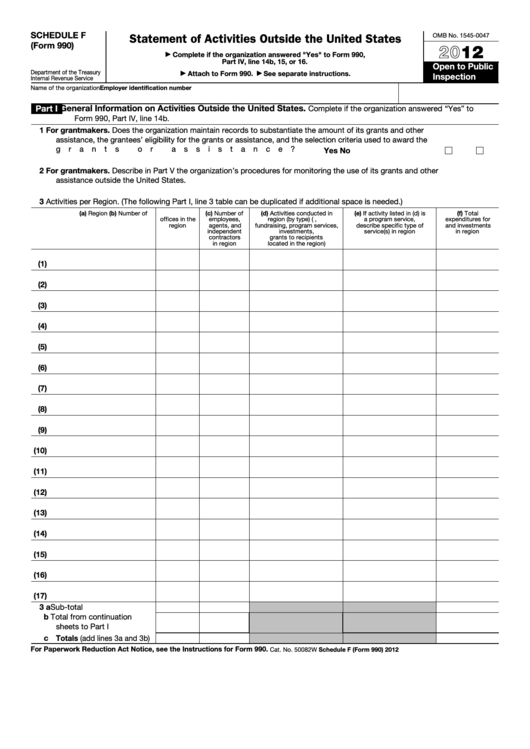 Fillable Schedule F (Form 990) - Statement Of Activities Outside The United States - 2012 Printable pdf
