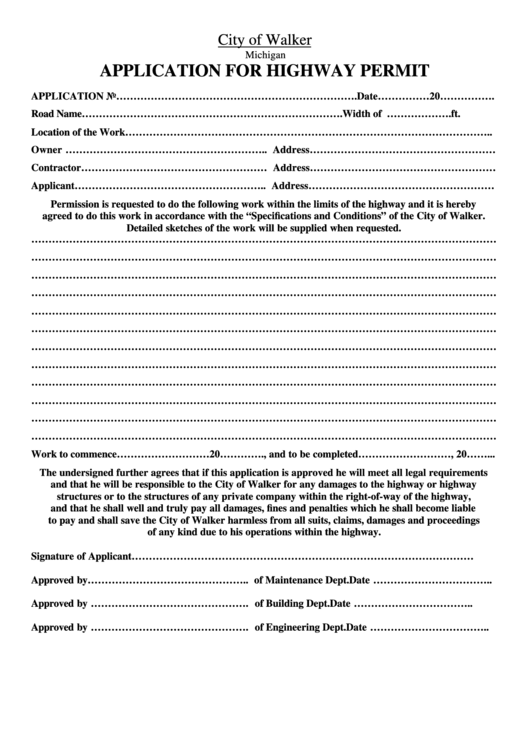 Application For Highway Permit - City Of Walker Printable pdf