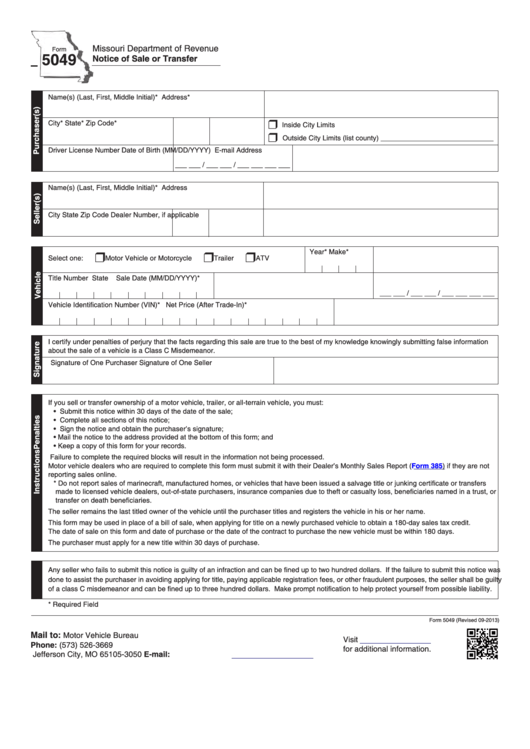 Fillable Form 5049 - Notice Of Sale Or Transfer Printable pdf