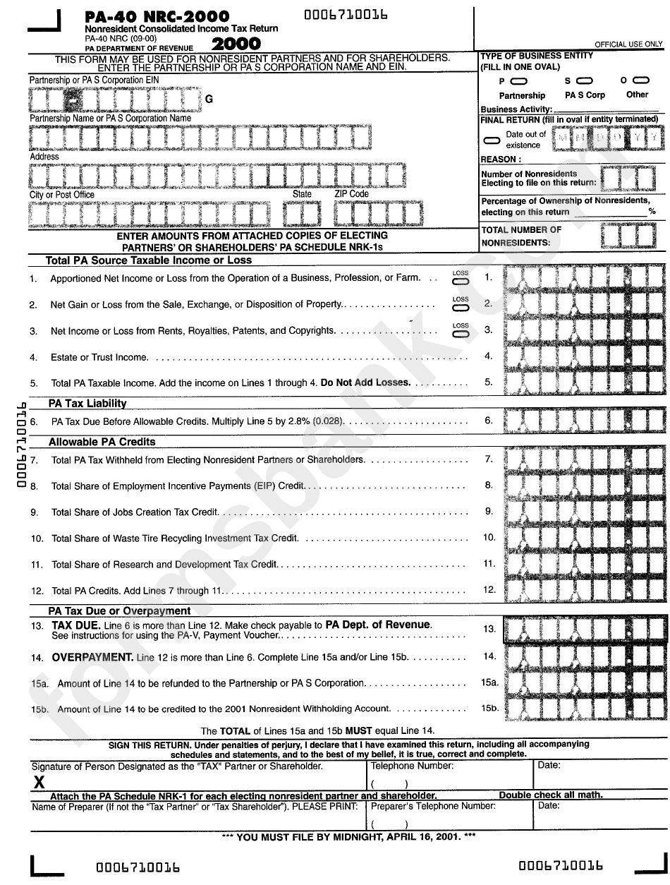 Form Pa 40 Ncr Nonresident Consolidated Income Tax Return 2000 Printable Pdf Download