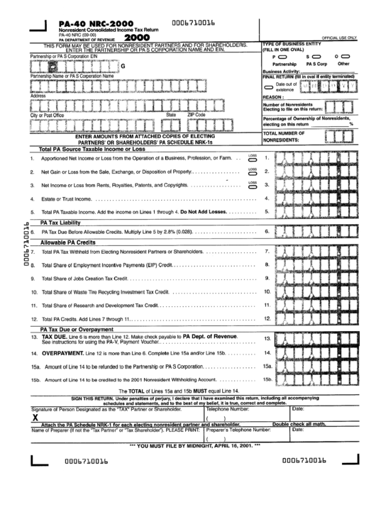Form Pa-40 Ncr - Nonresident Consolidated Income Tax Return - 2000 Printable pdf