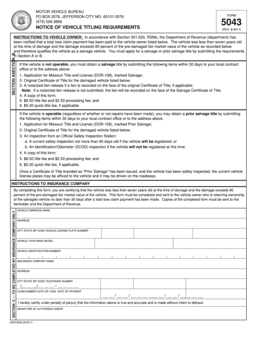 Fillable Form 5043 - Notice Of Vehicle Titling Requirements Printable pdf