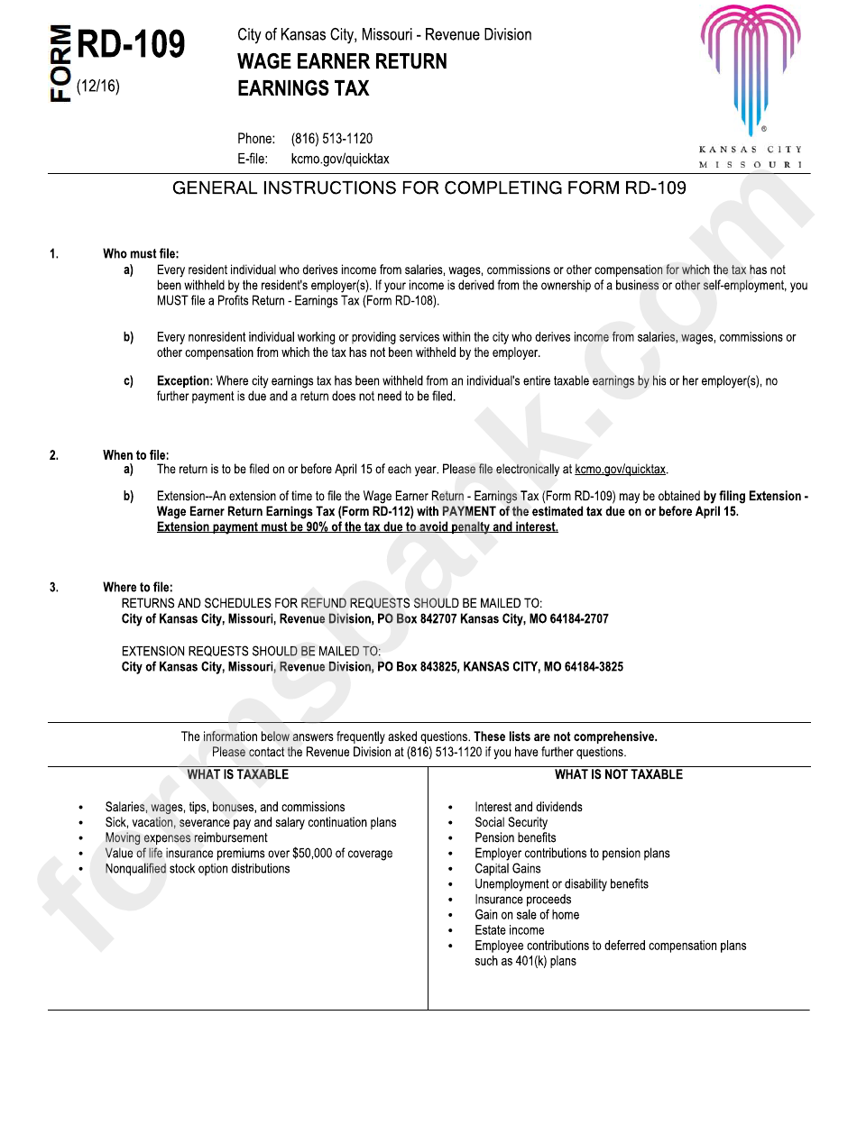 Form Rd-109 - Wage Earner Return - Earnings Tax Instructions - Kansas City