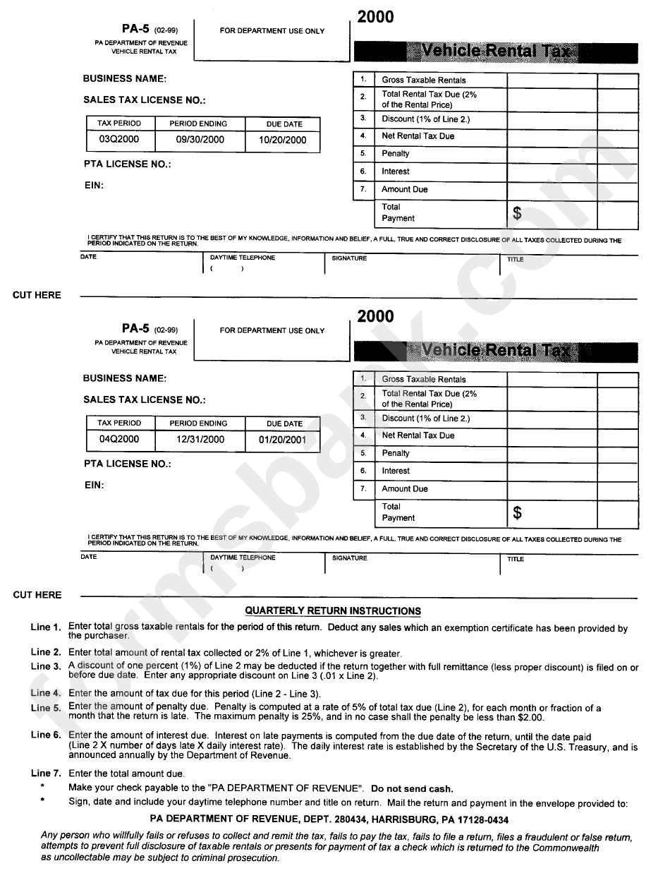 Form Pa-5 - Vehicle Rental Tax Returns - 2000