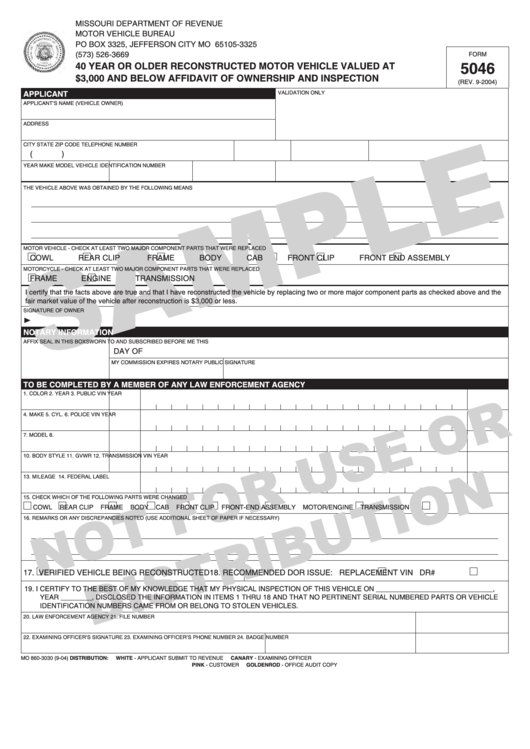 Form 5046 Sample - 40 Year Or Older Reconstructed Motor Vehicle Valued At 3,000 Dollars And Below Affidavit Of Ownership And Inspection Printable pdf