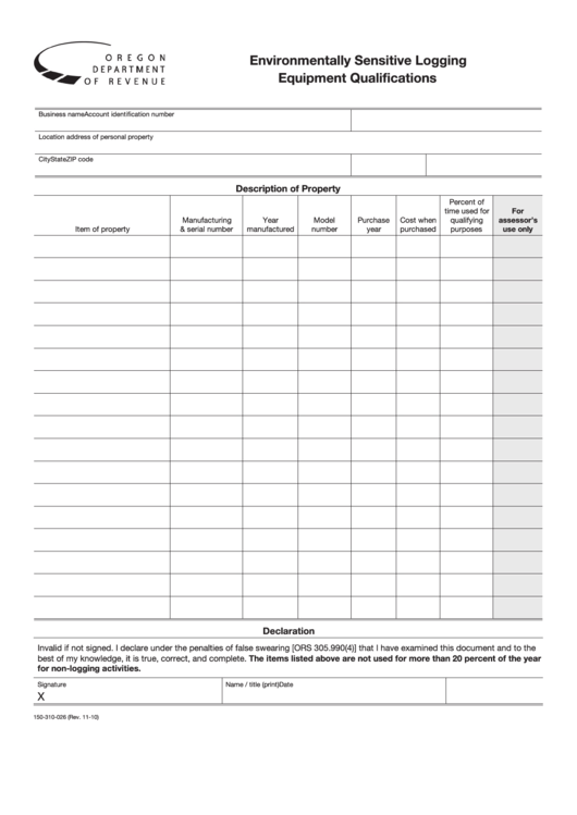 Fillable Form 150-310-026 - Environmentally Sensitive Logging Equipment Qualifications Printable pdf