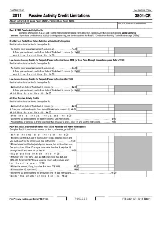 Fillable Form 3801-Cr - Passive Activity Credit Limitations - 2011 Printable pdf