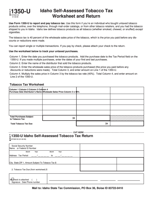 Fillable Form 1350-U - Idaho Self-Assessed Tobacco Tax Worksheet And Return Printable pdf