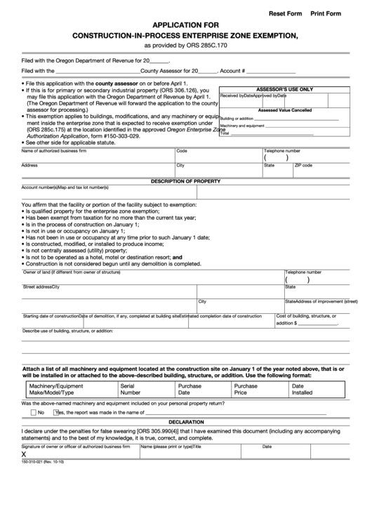 Fillable Form 150-310-021 - Application For Construction-In-Process Enterprise Zone Exemption Printable pdf