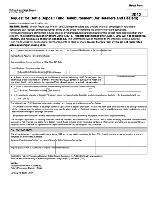 Fillable Form 2196 - Request For Bottle Deposit Fund Reimbursement (For Retailers And Dealers) - 2012 Printable pdf