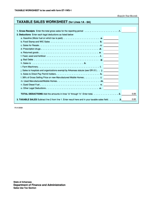 Fillable Form Ws-1 - Taxable Sales Worksheet Printable pdf