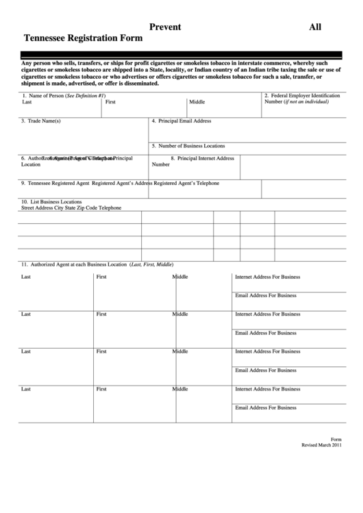 Prevent All Cigarette Trafficking (Pact) Act Tennessee Registration Form Printable pdf