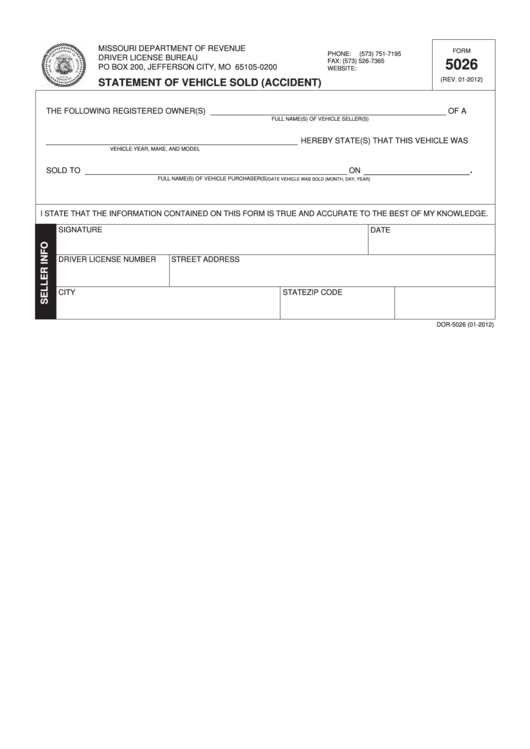 Fillable Form 5026 - Statement Of Vehicle Sold (Accident) Printable pdf