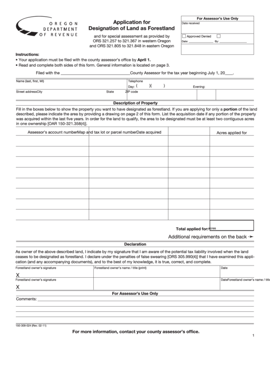 Fillable Form 150-309-024 - Application For Designation Of Land As Forestland Printable pdf