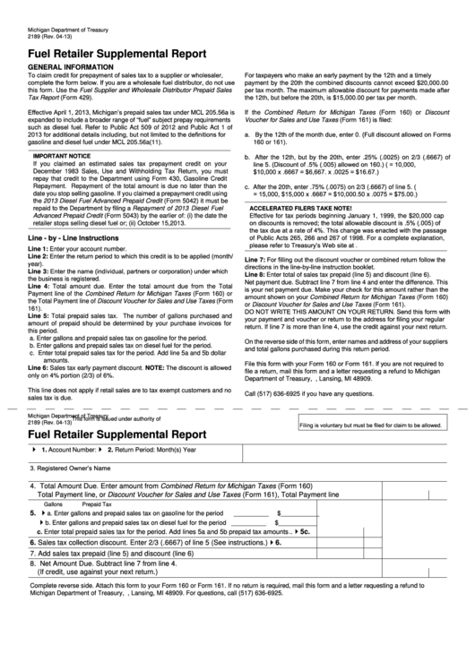 Fillable Form 2189 - Fuel Retailer Supplemental Report Printable pdf