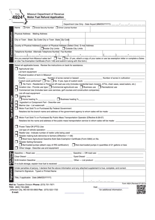Fillable Form 4924 - Motor Fuel Refund Application Printable pdf
