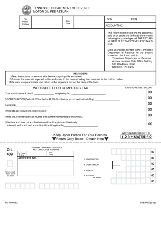 Fillable Form Oil 409 - Motor Oil Fee Return Printable pdf