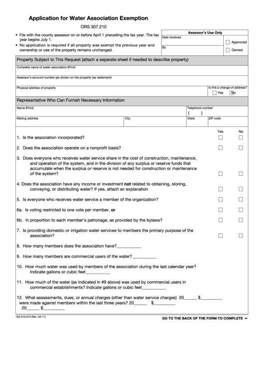 Form 150-310-013 - Application For Water Association Exemption Printable pdf