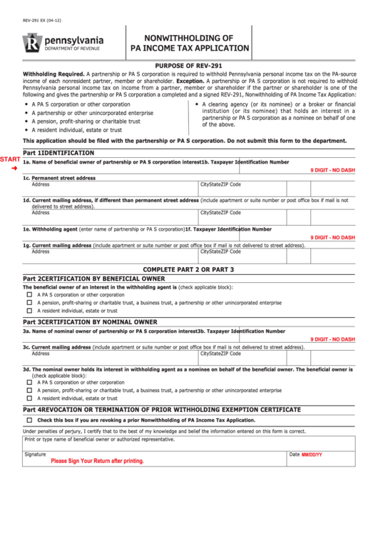 Form Rev-291 Ex - Nonwithholding Of Pa Income Tax Application Printable pdf