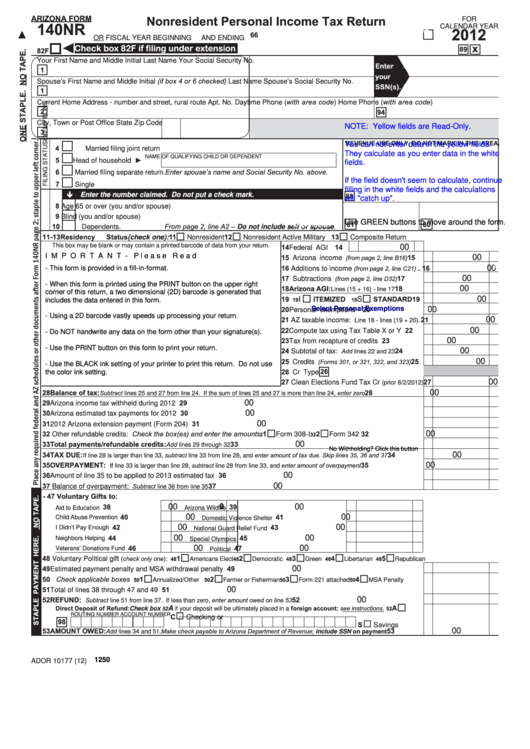 Fillable Arizona Form 140nr - Nonresident Personal Income Tax Return - 2012 Printable pdf