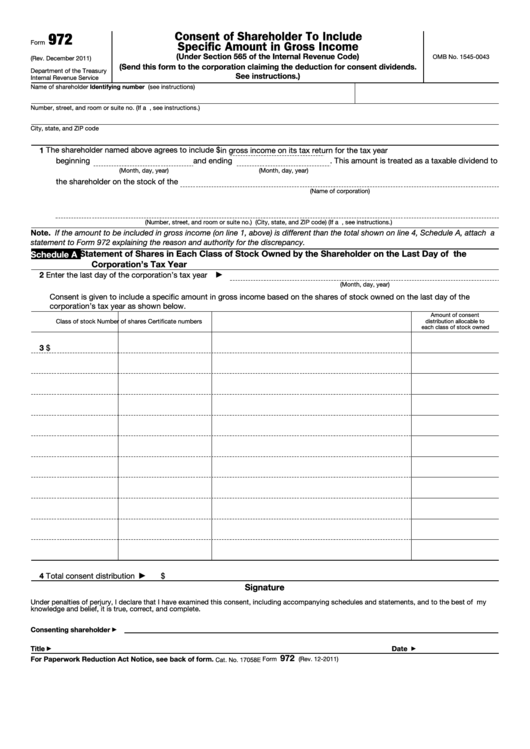 Fillable Form 972 - Consent Of Shareholder To Include Specific Amount In Gross Income Printable pdf